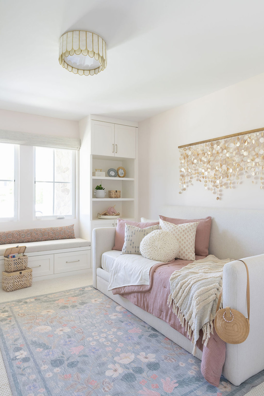 childrens bedroom design with floral rug and unique shimmery decor