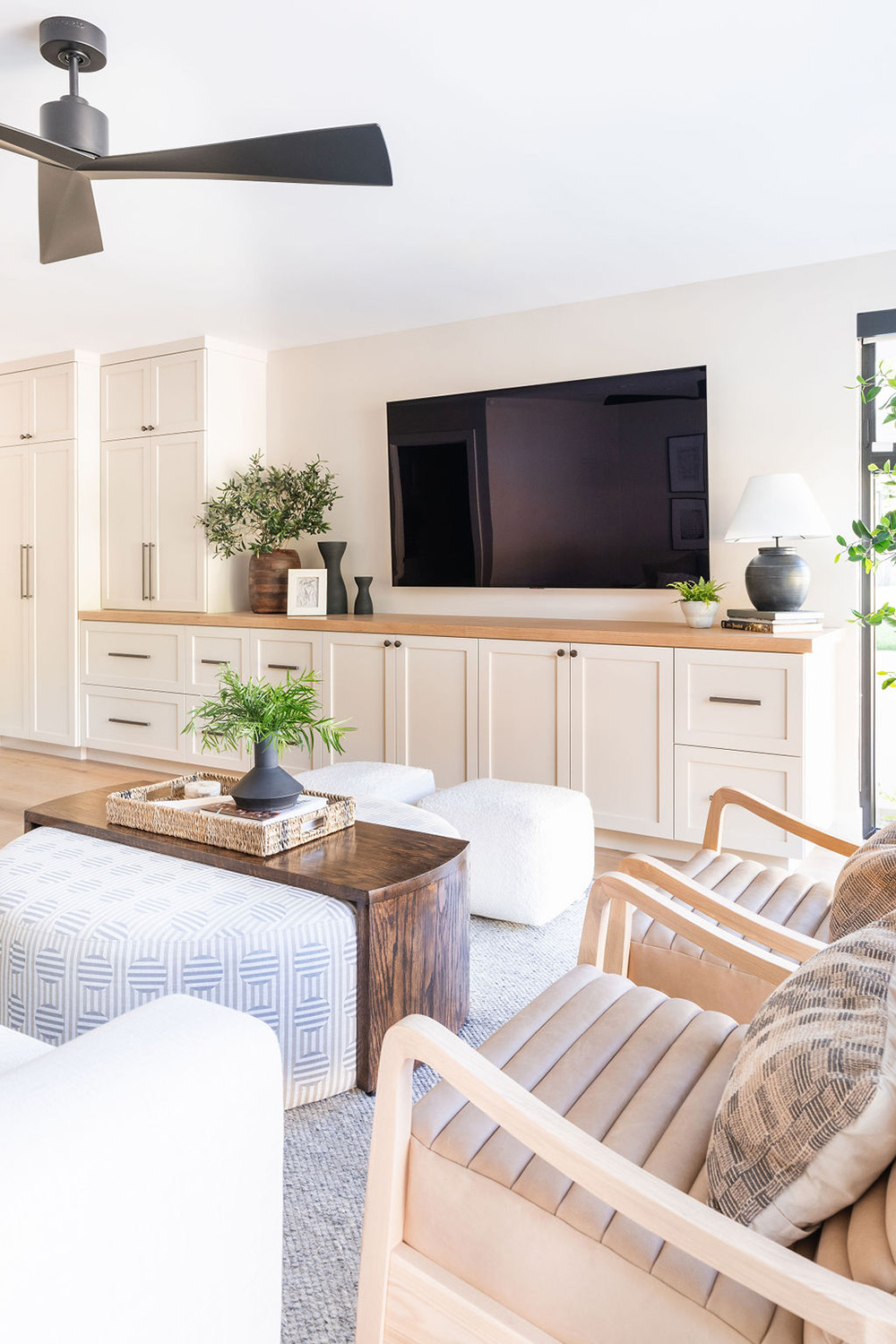 bright modern living room with great wood table