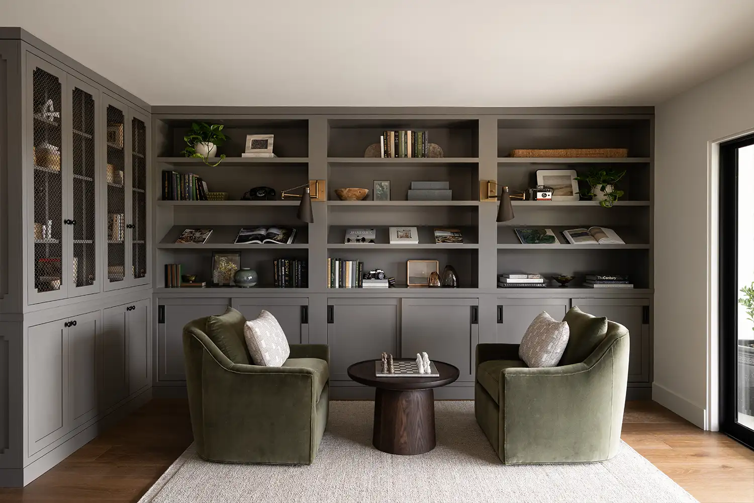Interior design of custom painted cabinetry and game lounge area in a Tustin home in Orange County CA