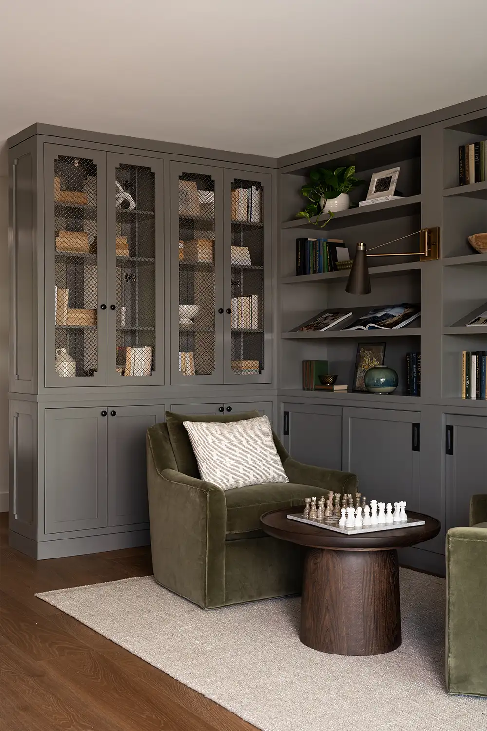 Interior design of custom painted cabinetry and game lounge area in a Tustin home in Orange County CA
