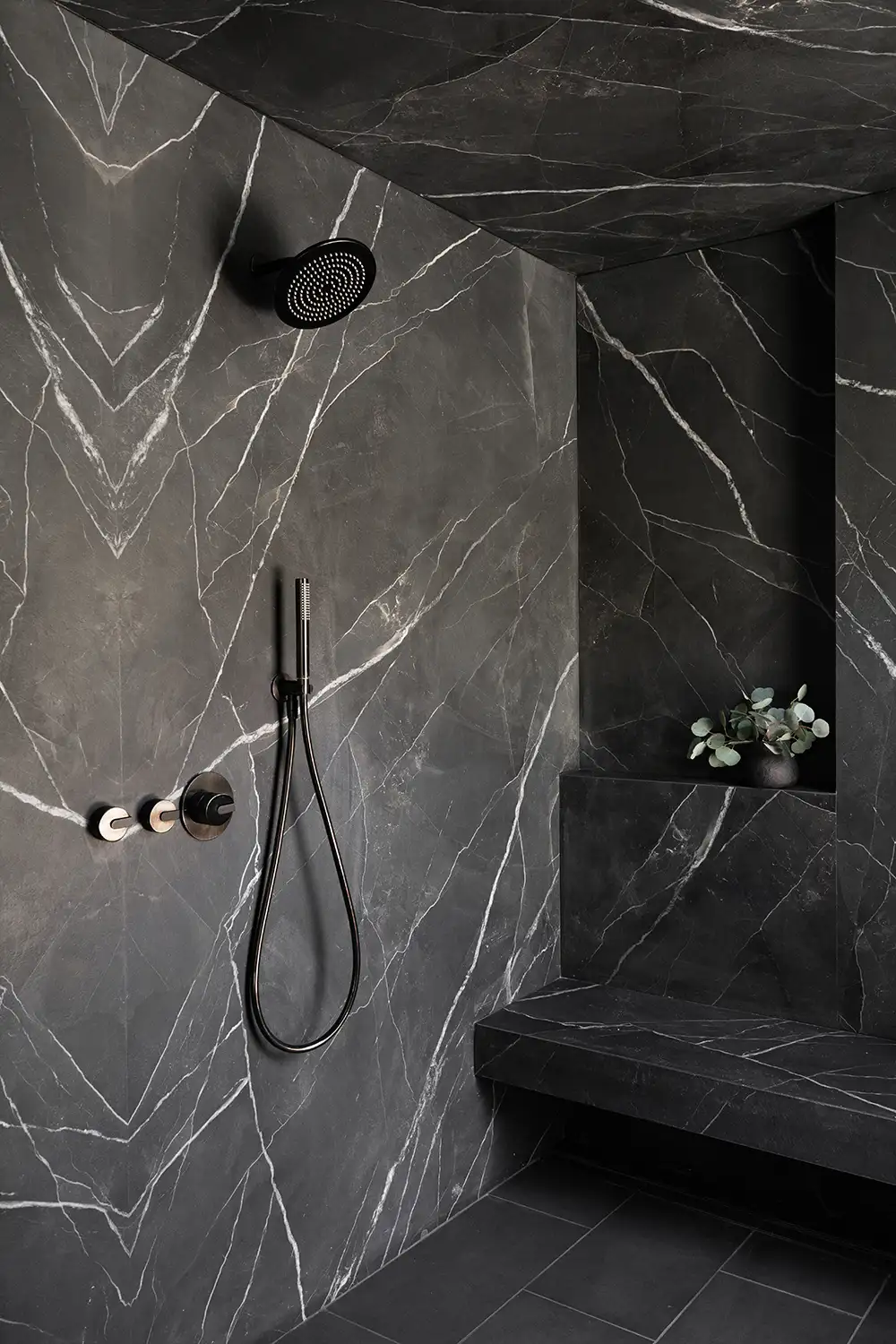 Bryant Park Interior Design Project with black marble shower wall tile